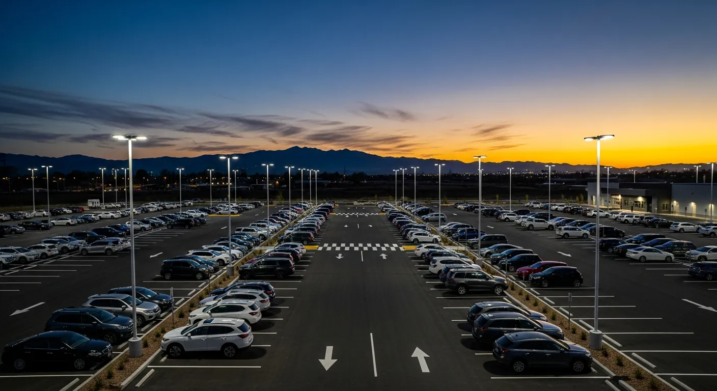 Aerial view of a premium Wins Parking-operated lot in the Rocky Mountains at dusk